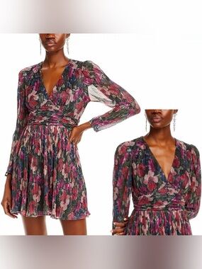 Aqua Floral V-Neck Pleated Mini Dress